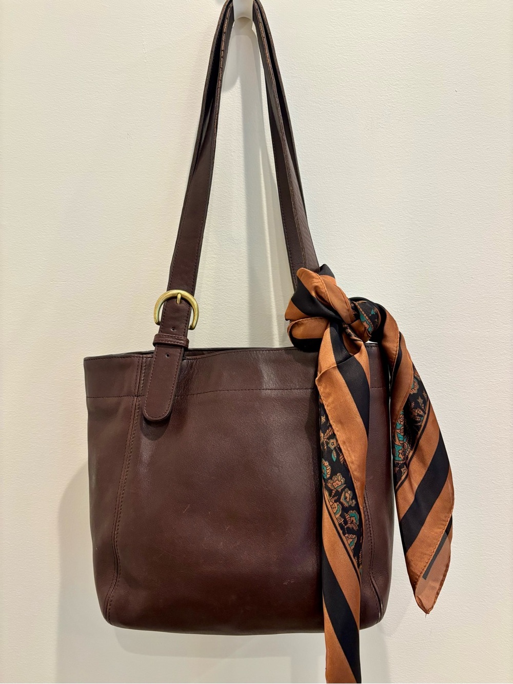 Coach Brown Leather Shoulder Bag with Black & Tan Scarf Accent
